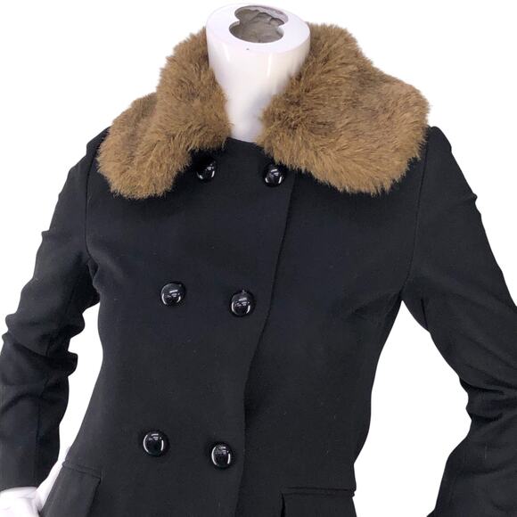 Banana Republic Coat Womens Petite XS Black Faux Fur Collar Double-Breasted - Picture 2 of 16